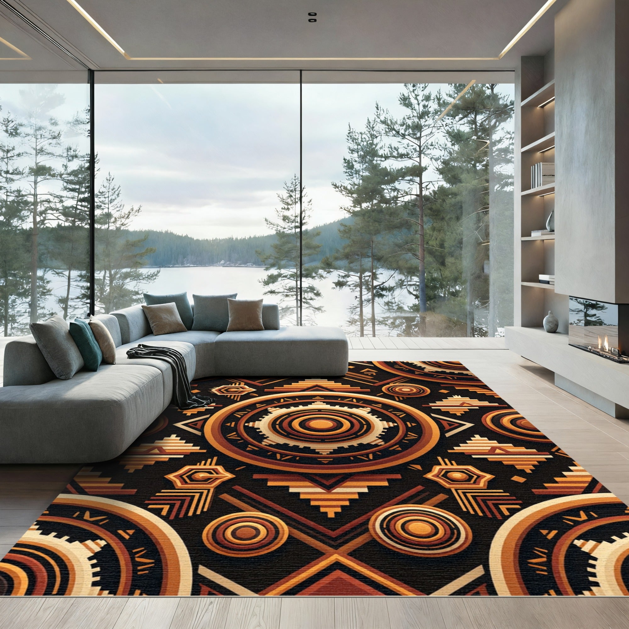 Geometric Golden Ochre Sunburst Medallion Rug