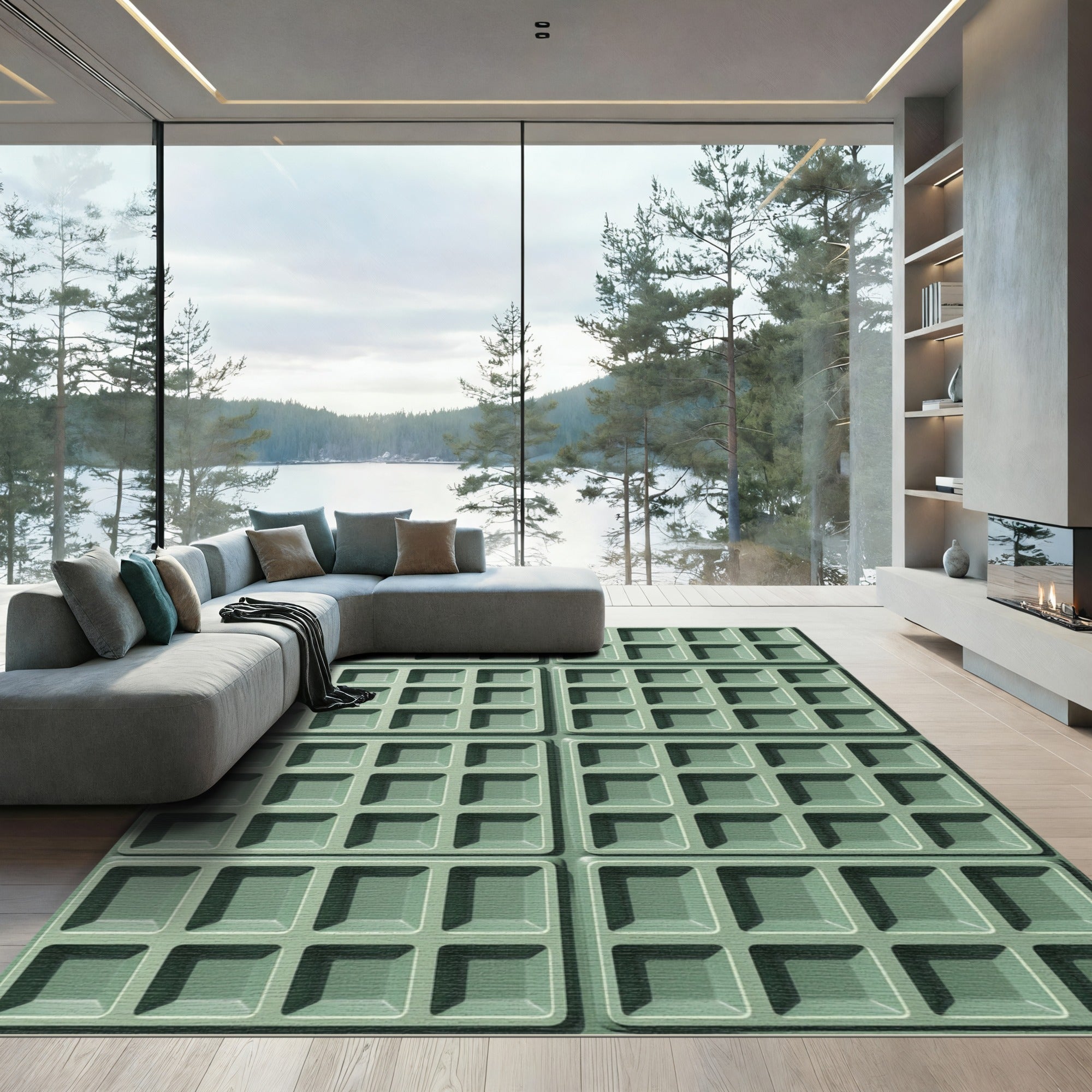 Sage Green Geometric Grid Texture Rug