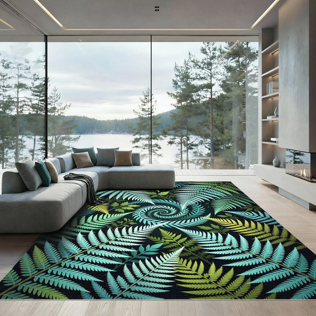 Lush Emerald Tropical Fern Spiral Rug