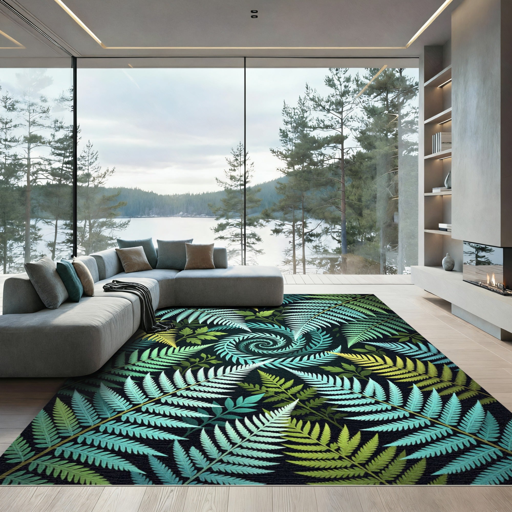 Lush Emerald Tropical Fern Spiral Rug