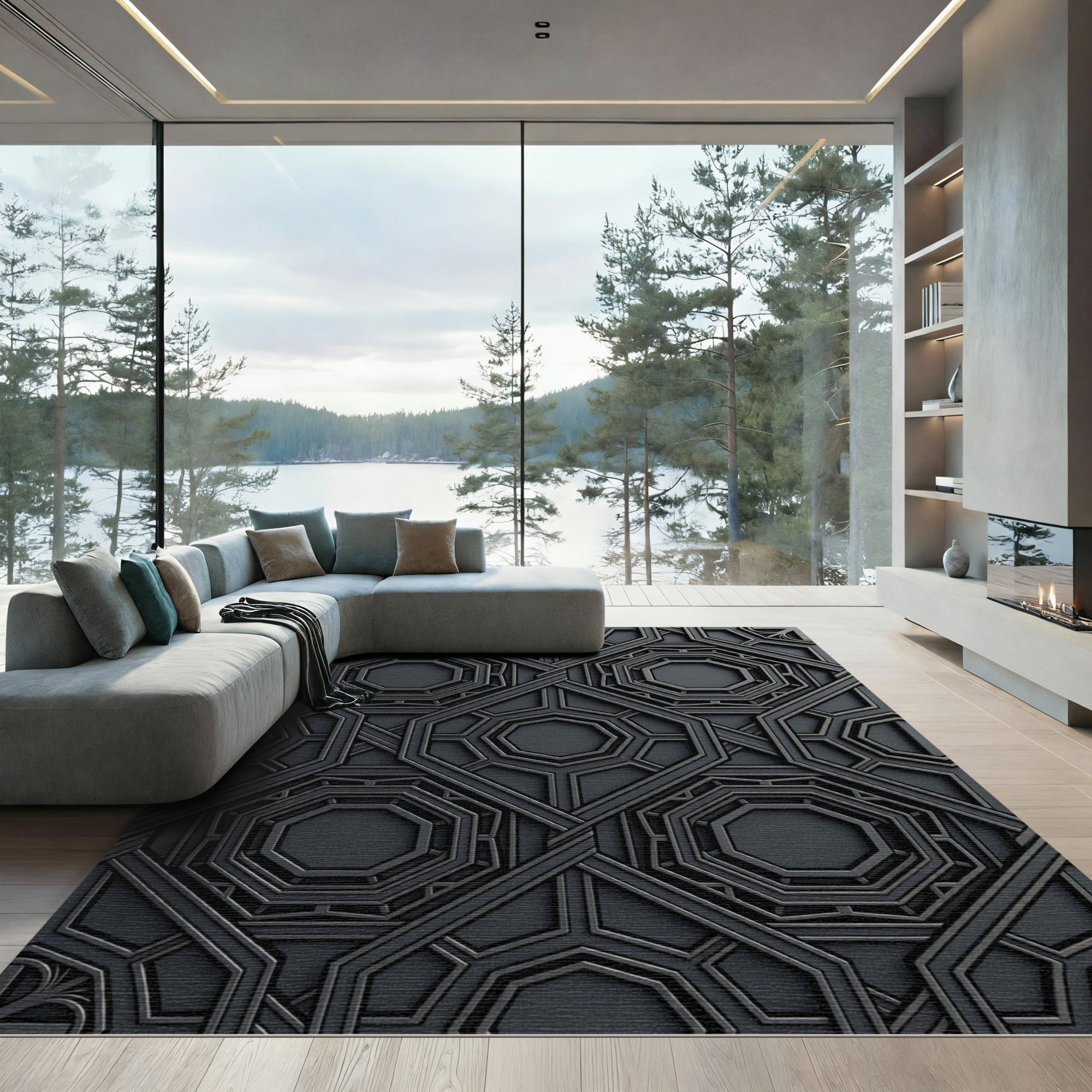 Sophisticated Charcoal Geometric Octagon Art Rug