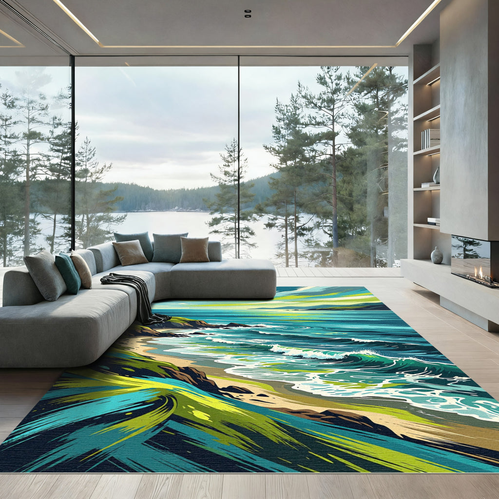 Emerald Coastal Impressionist Wave Landscape Rug