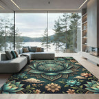 Ornate Teal Lotus Floral Medallion Rug