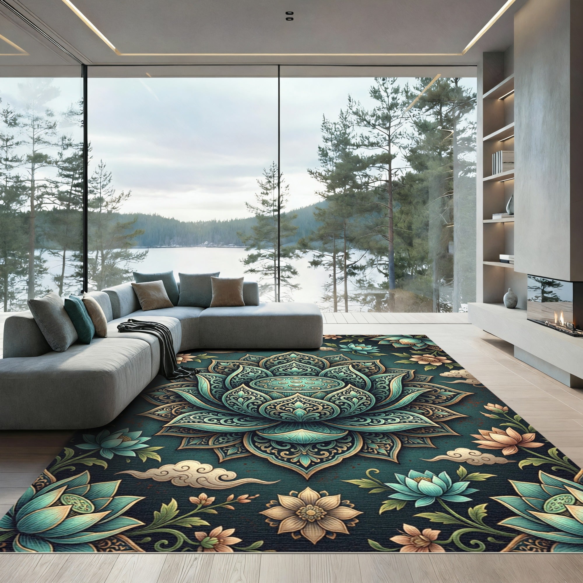 Ornate Teal Lotus Floral Medallion Rug
