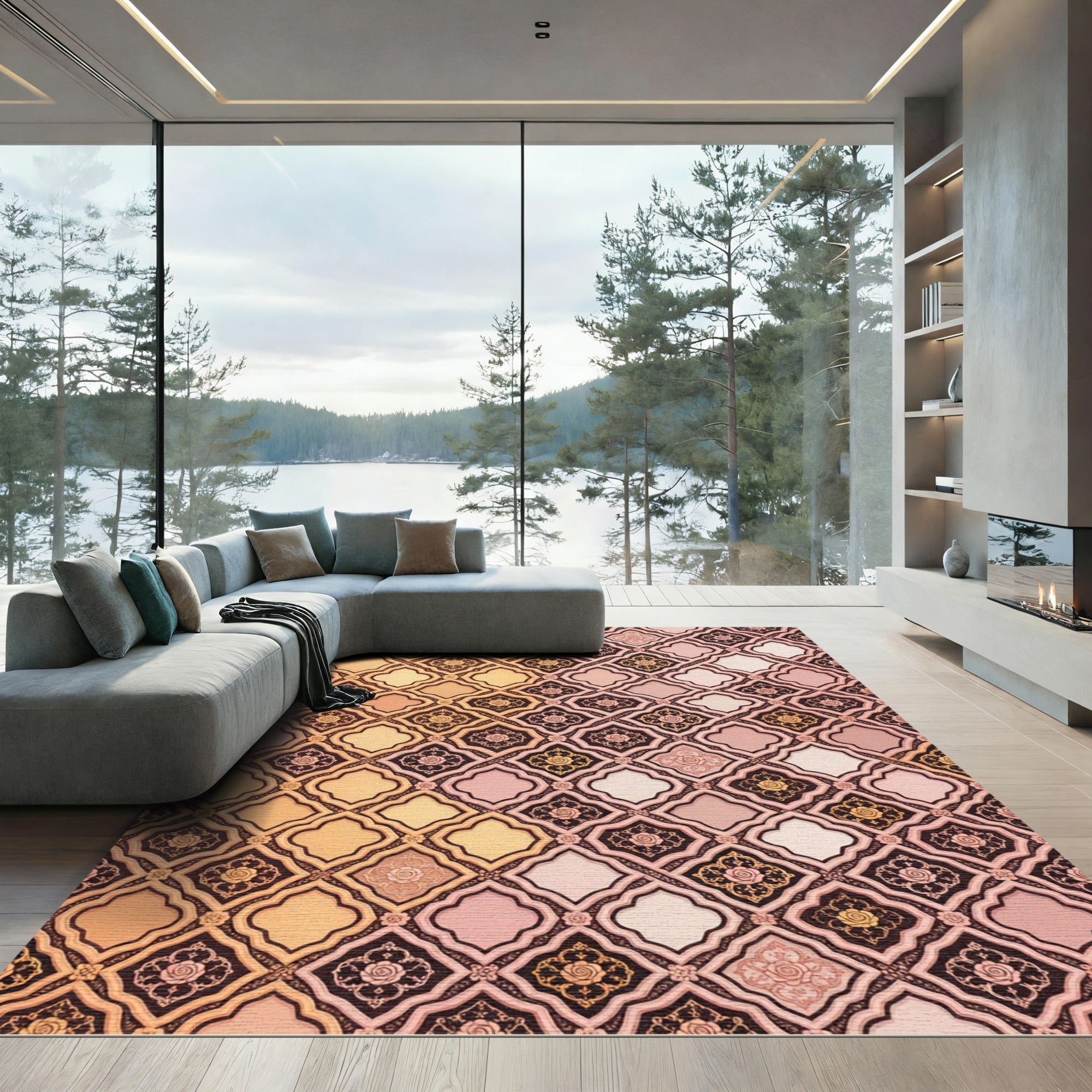 Golden Rose Lattice Quatrefoil Sunset Ombre Rug