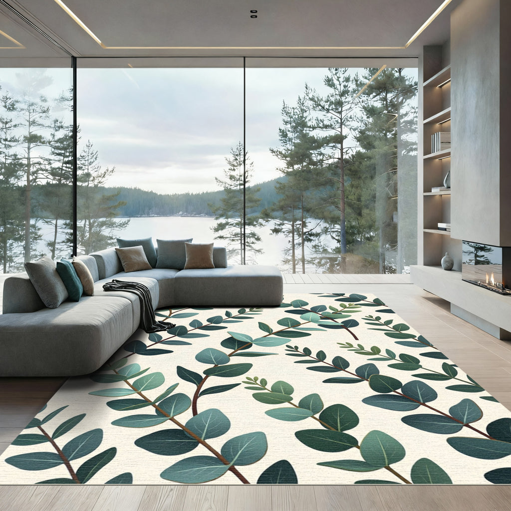 Earthy Green Eucalyptus Botanical Illustration Rug