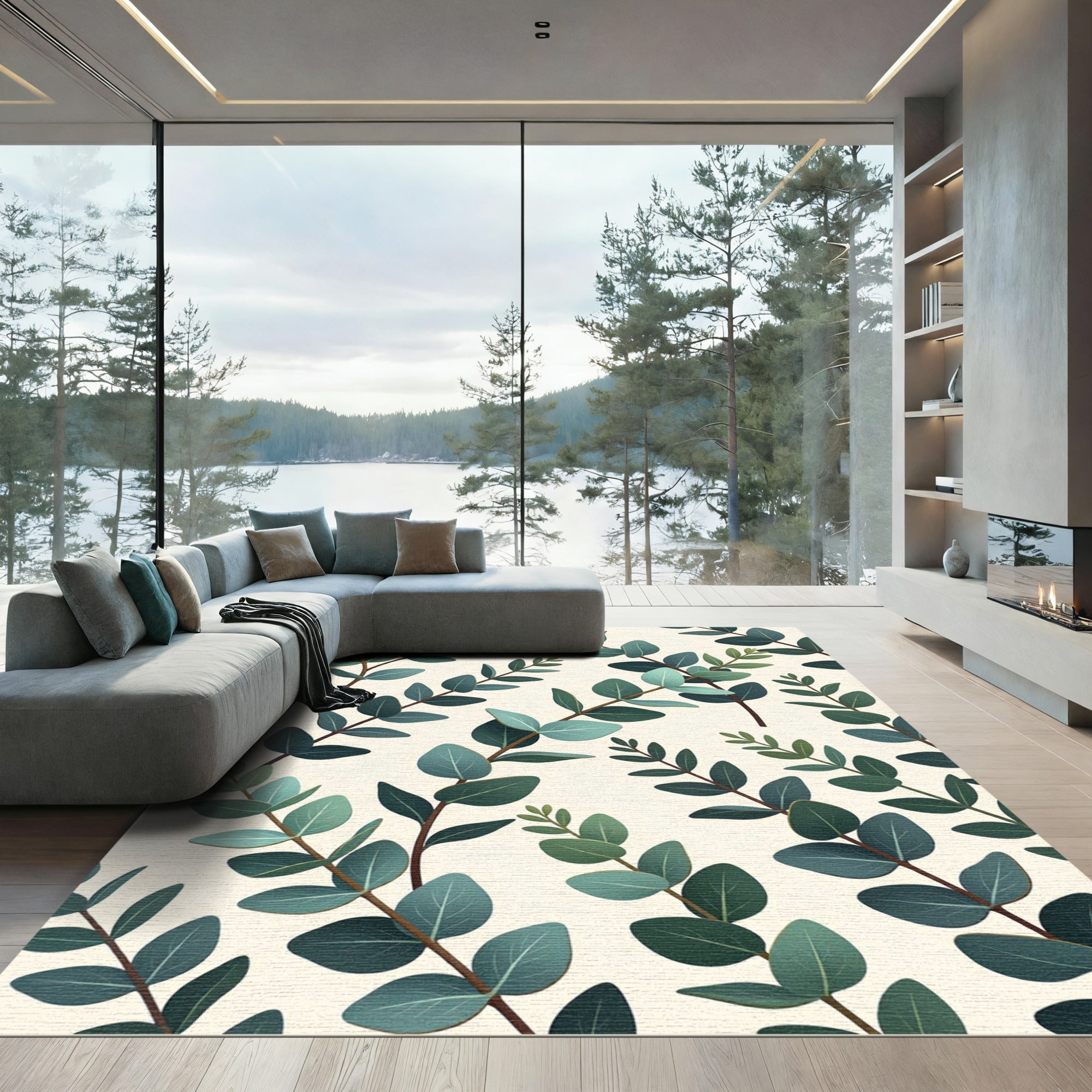Earthy Green Eucalyptus Botanical Illustration Rug