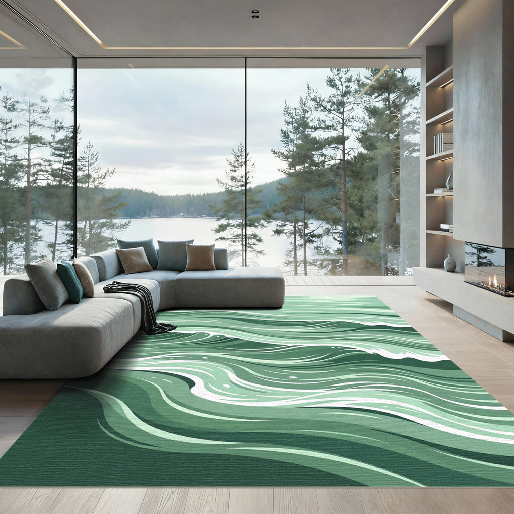 Serene Sage Green Abstract Ocean Waves Rug