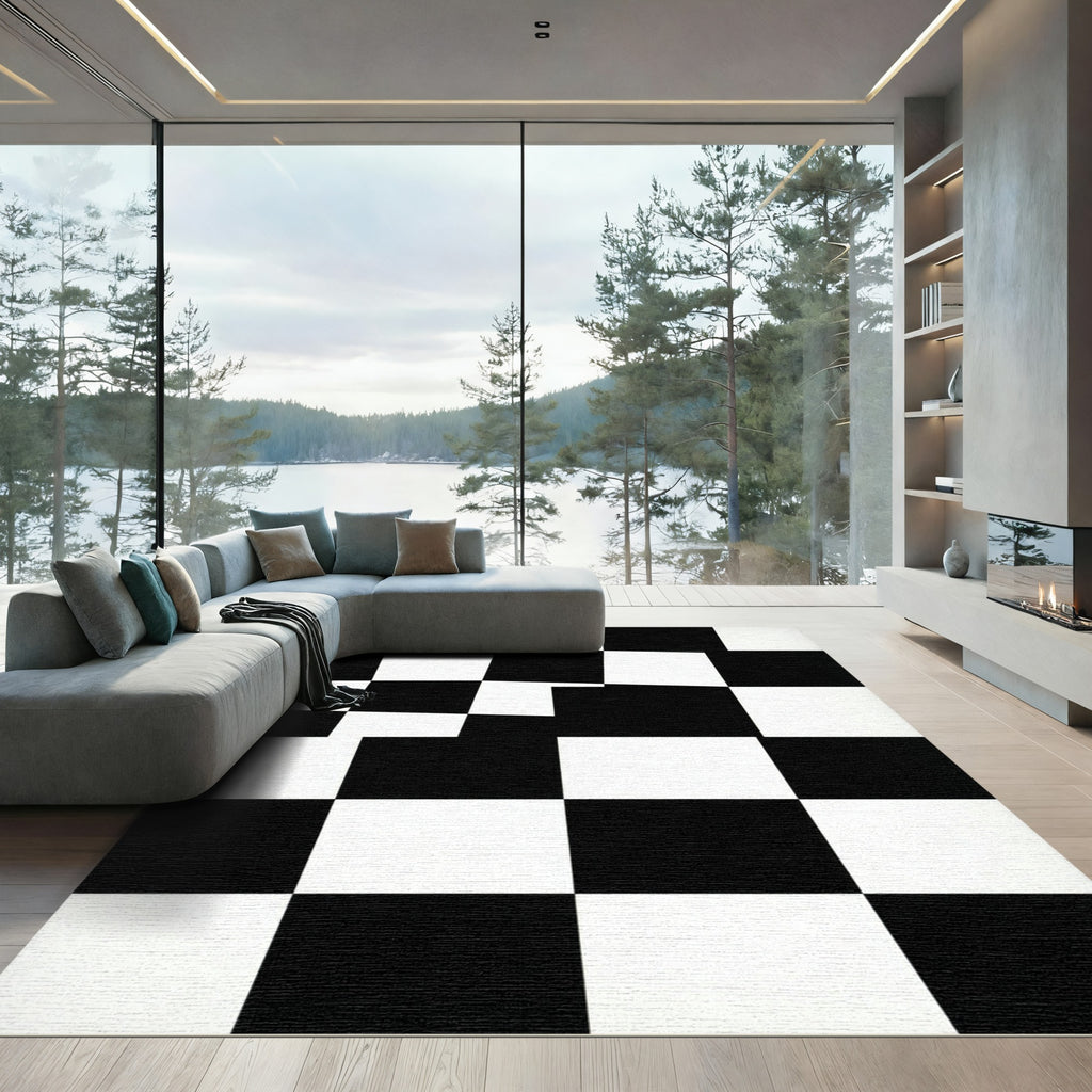 Modern Monochrome Checkerboard Graphic Grid Rug