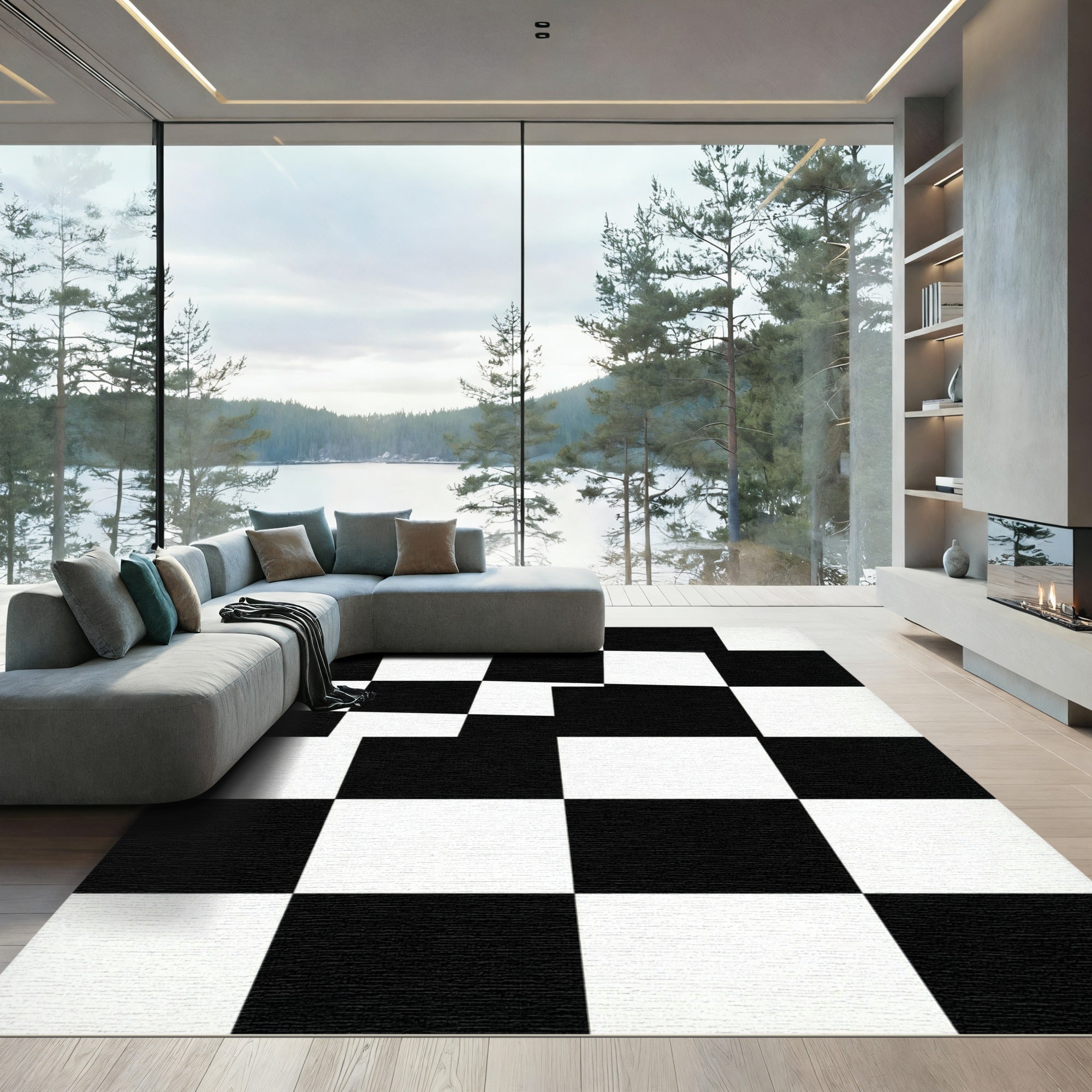 Modern Monochrome Checkerboard Graphic Grid Rug