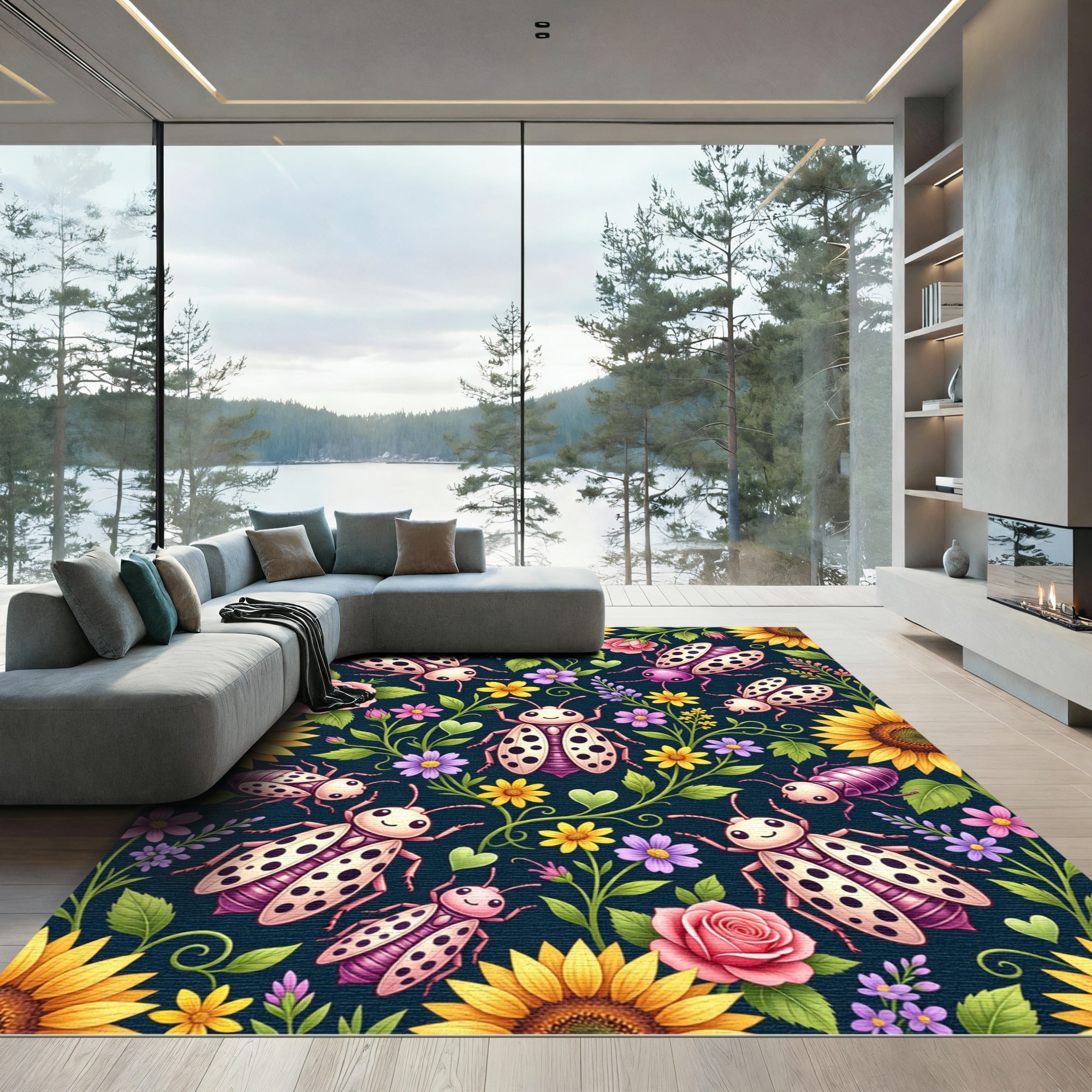 Charming Ladybugs Amongst Floral Garden Rug