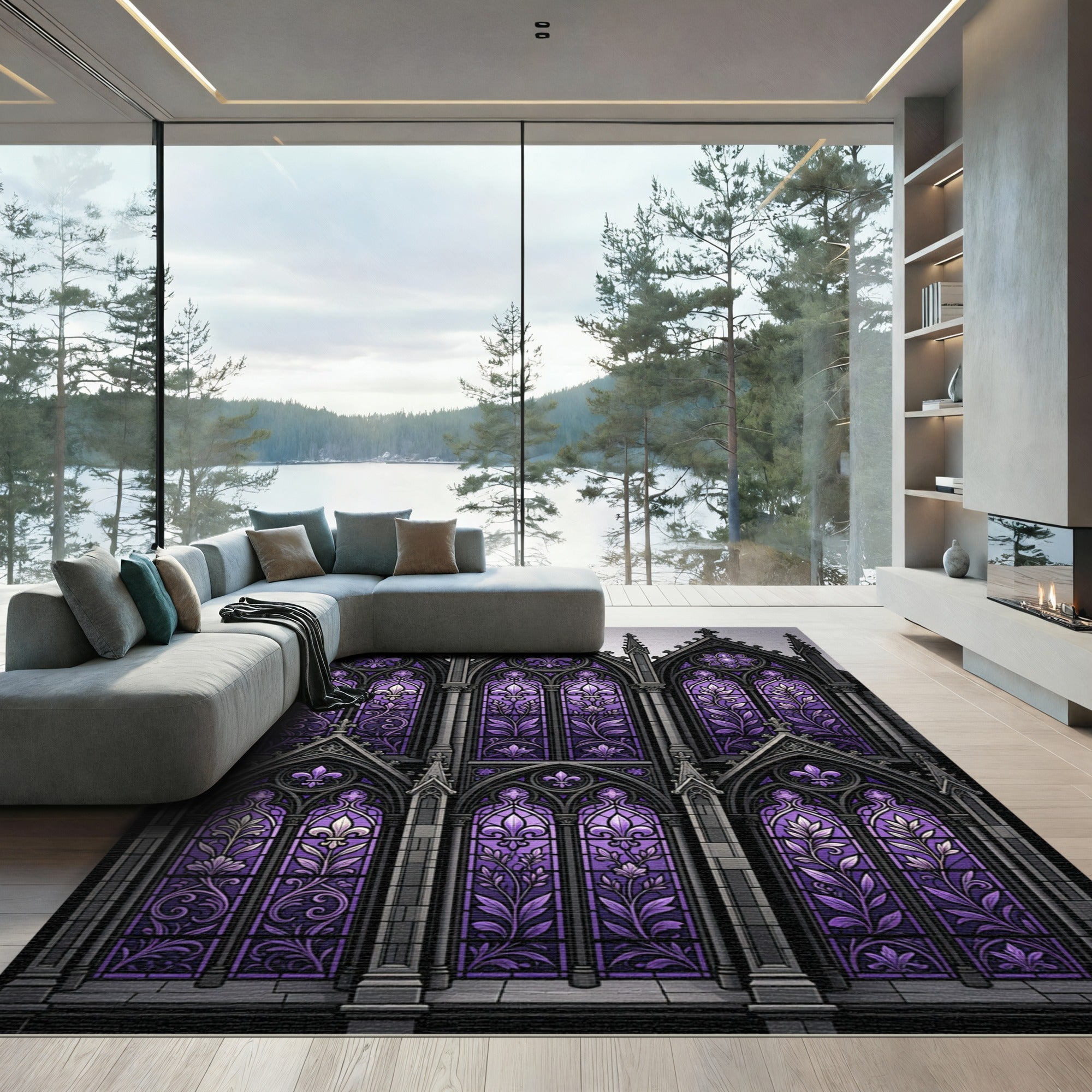 Gothic Violet Fleur-de-lis Cathedral Window Rug
