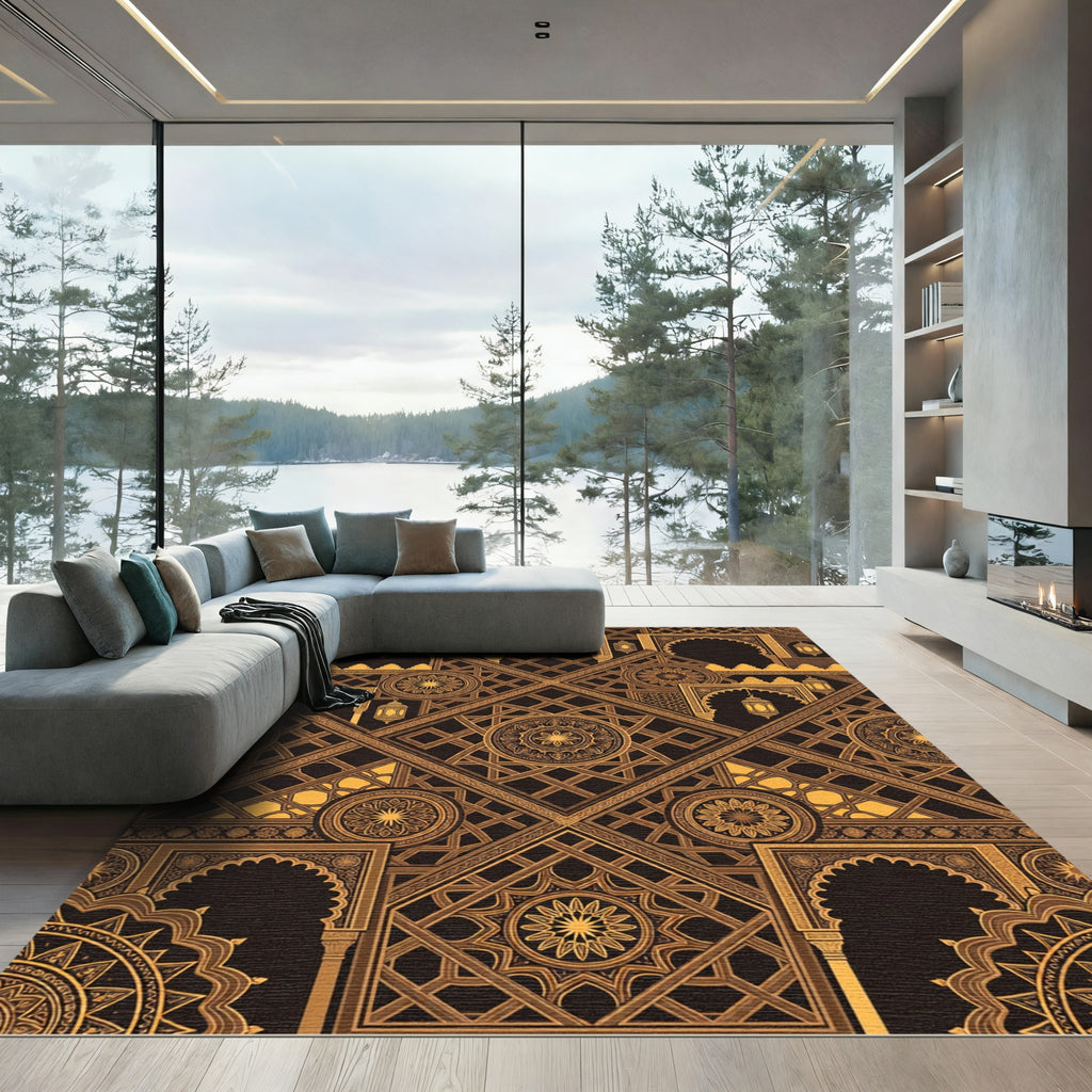 Elegant Golden Geometric Lantern Medallion Rug