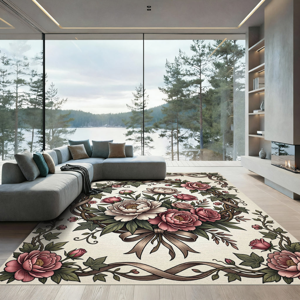 Vintage Dusty Rose Floral Wreath Rug