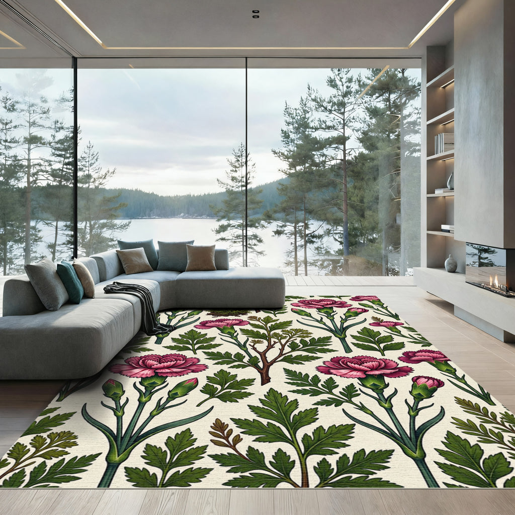Vintage Crimson Botanical Carnation Garden Rug