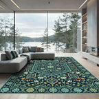 Navy Aqua Teal Floral Garden Hexagon Rug