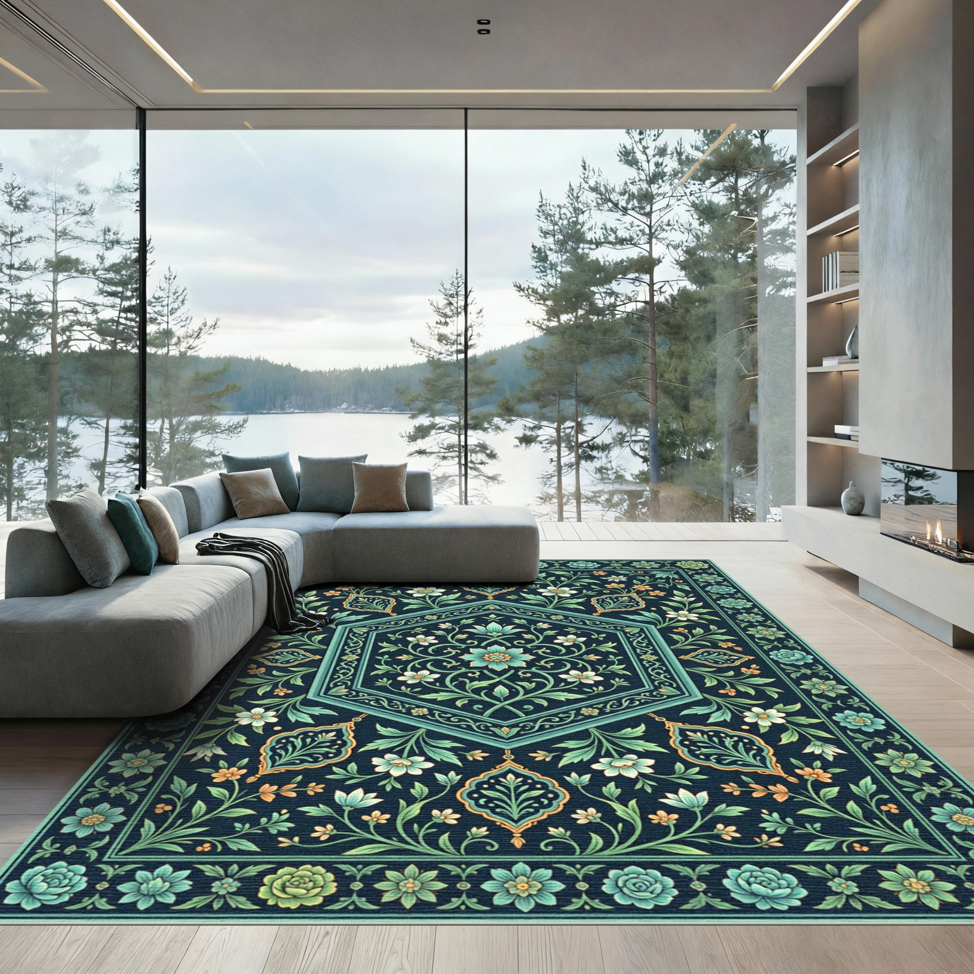 Navy Aqua Teal Floral Garden Hexagon Rug