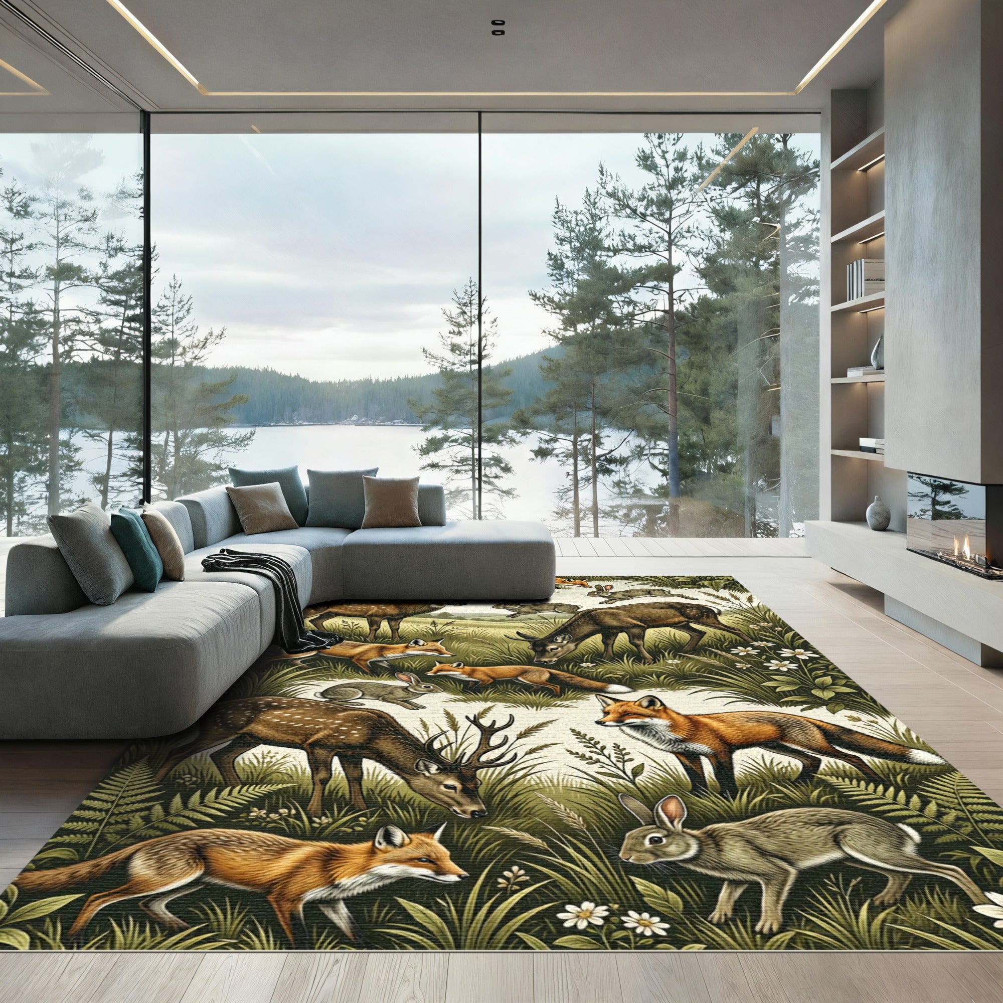 Enchanted Meadow Wildlife Botanical Forest Landscape Rug