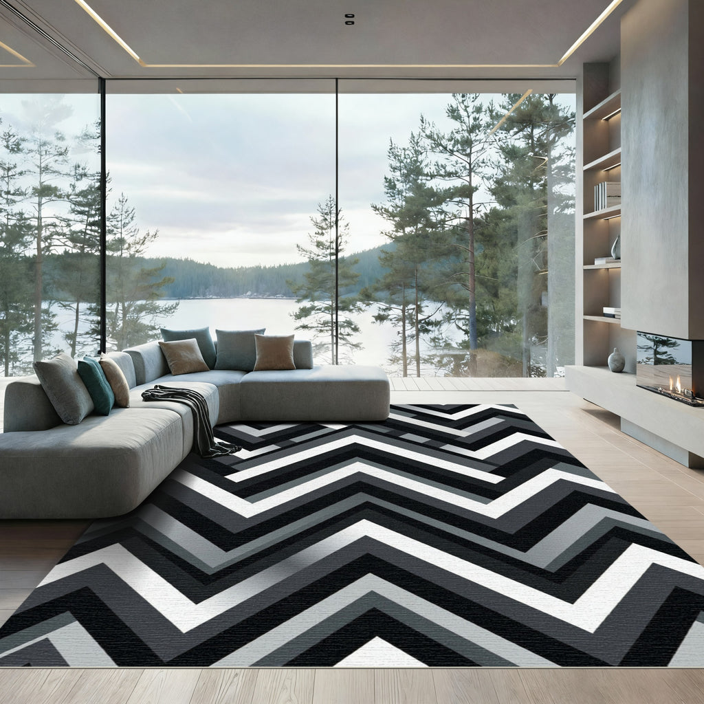 Modern Monochrome Chevron Geometric Abstract Rug