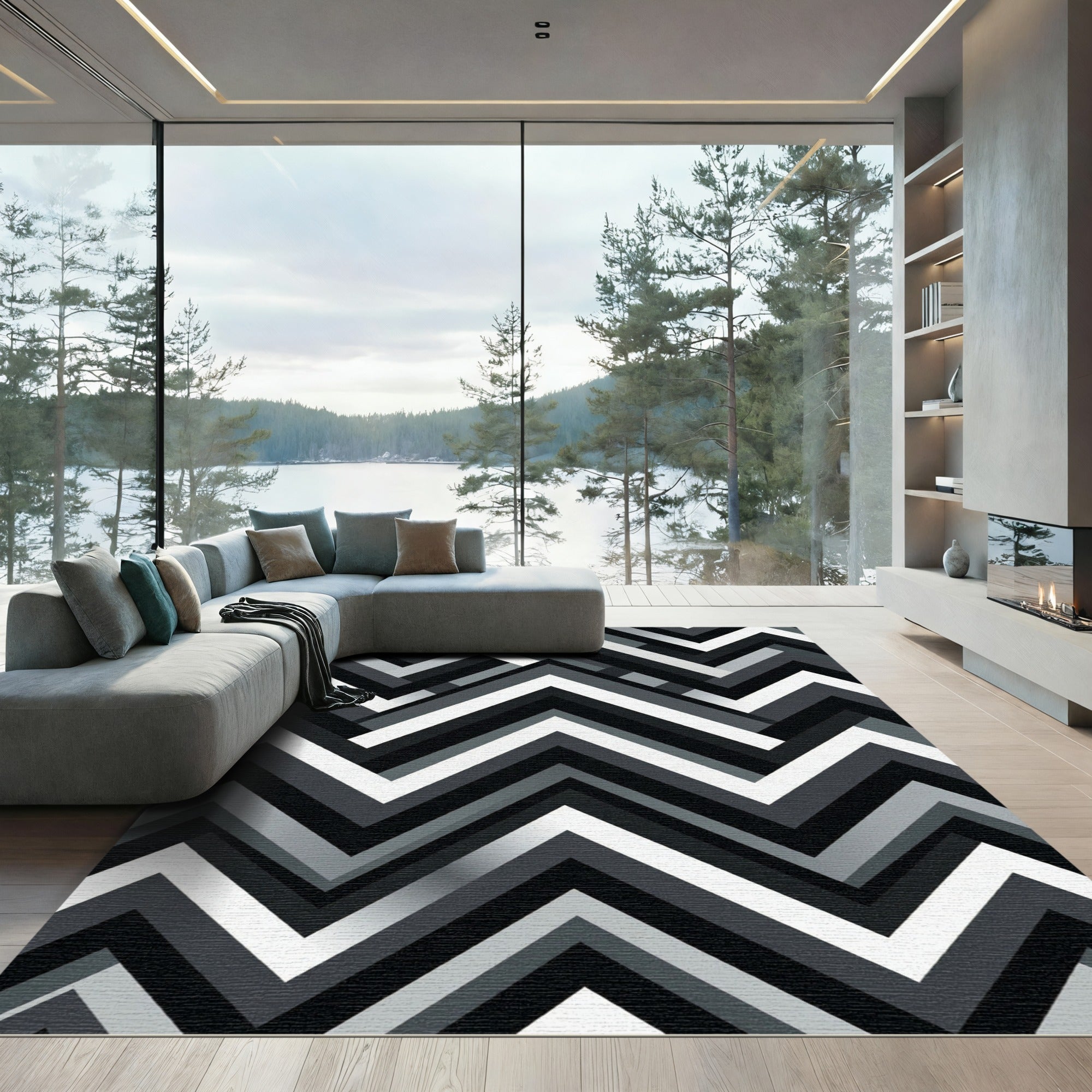 Modern Monochrome Chevron Geometric Abstract Rug