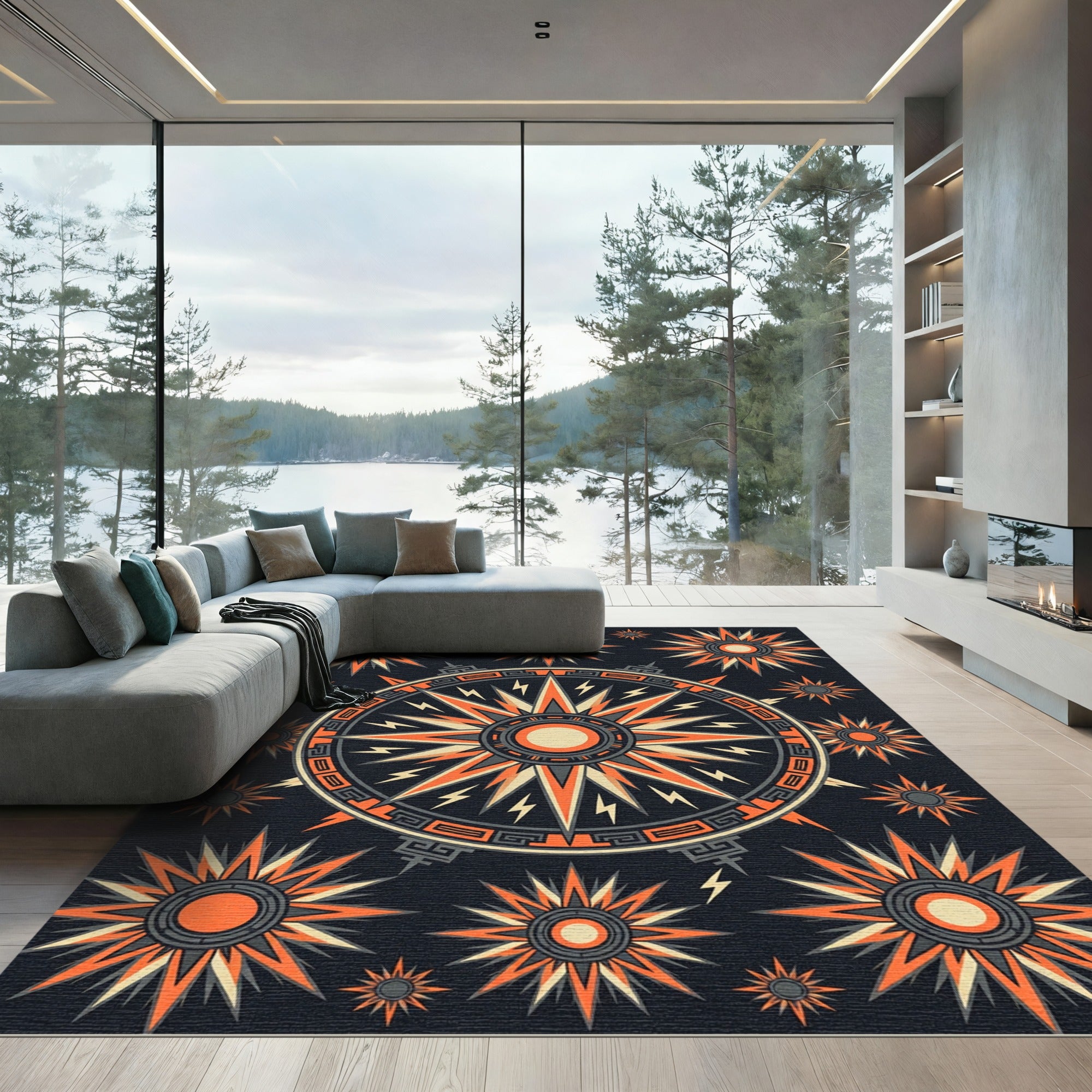 Celestial Orange Compass Starburst Art Rug