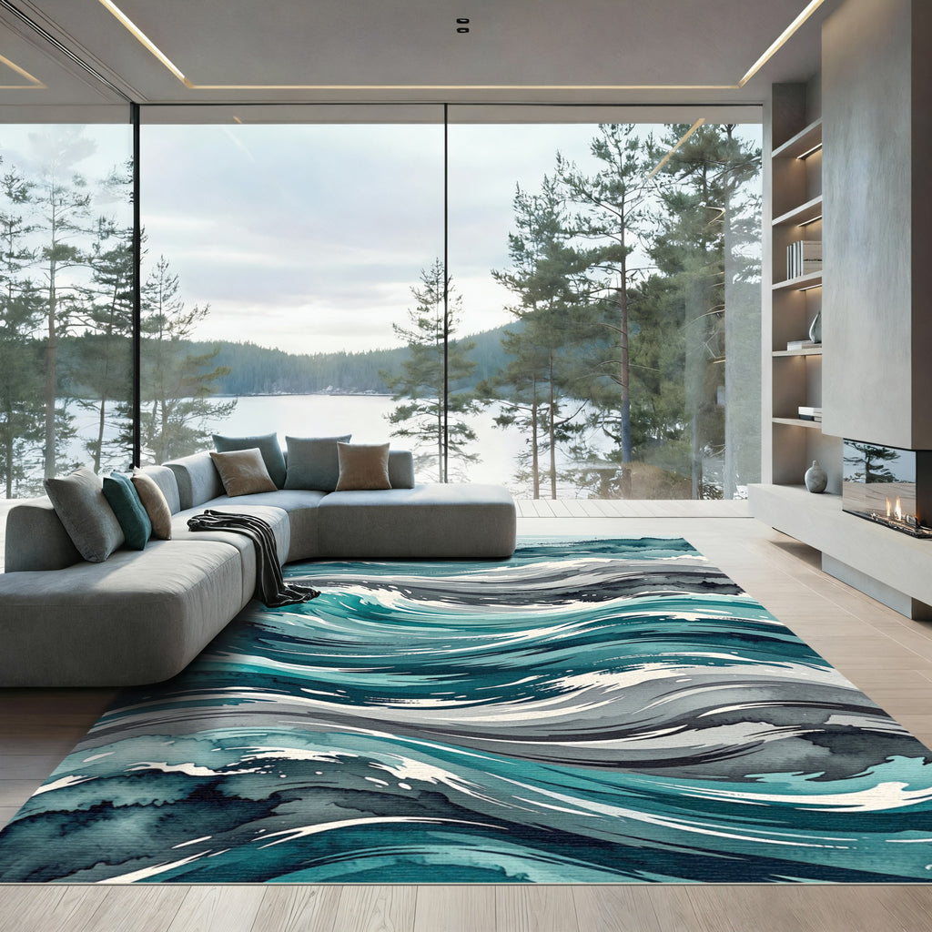 Abstract Teal Serene Ocean Waves Rug