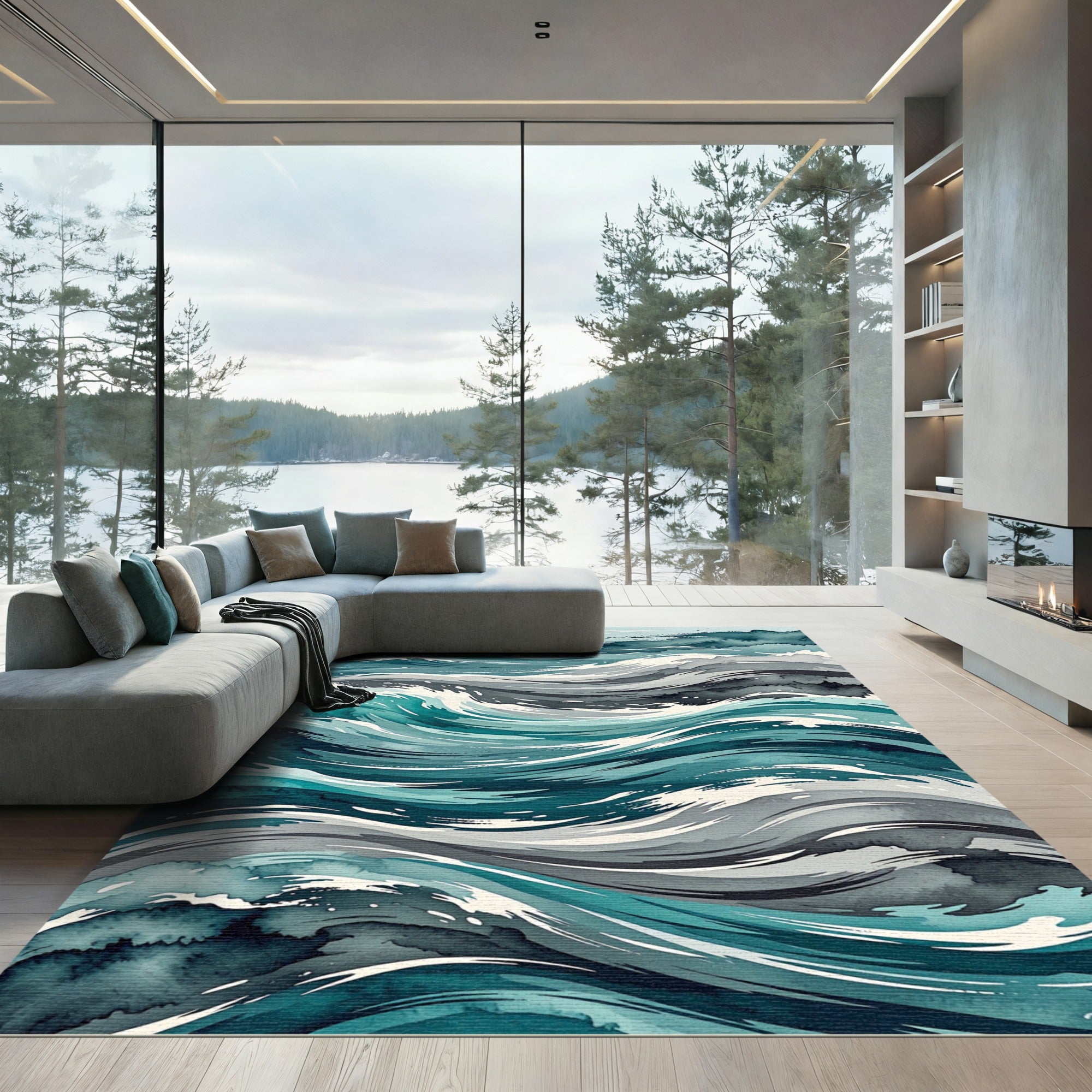 Abstract Teal Serene Ocean Waves Rug