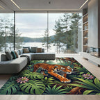 Vibrant Orange Tiger Lush Tropical Jungle Rug