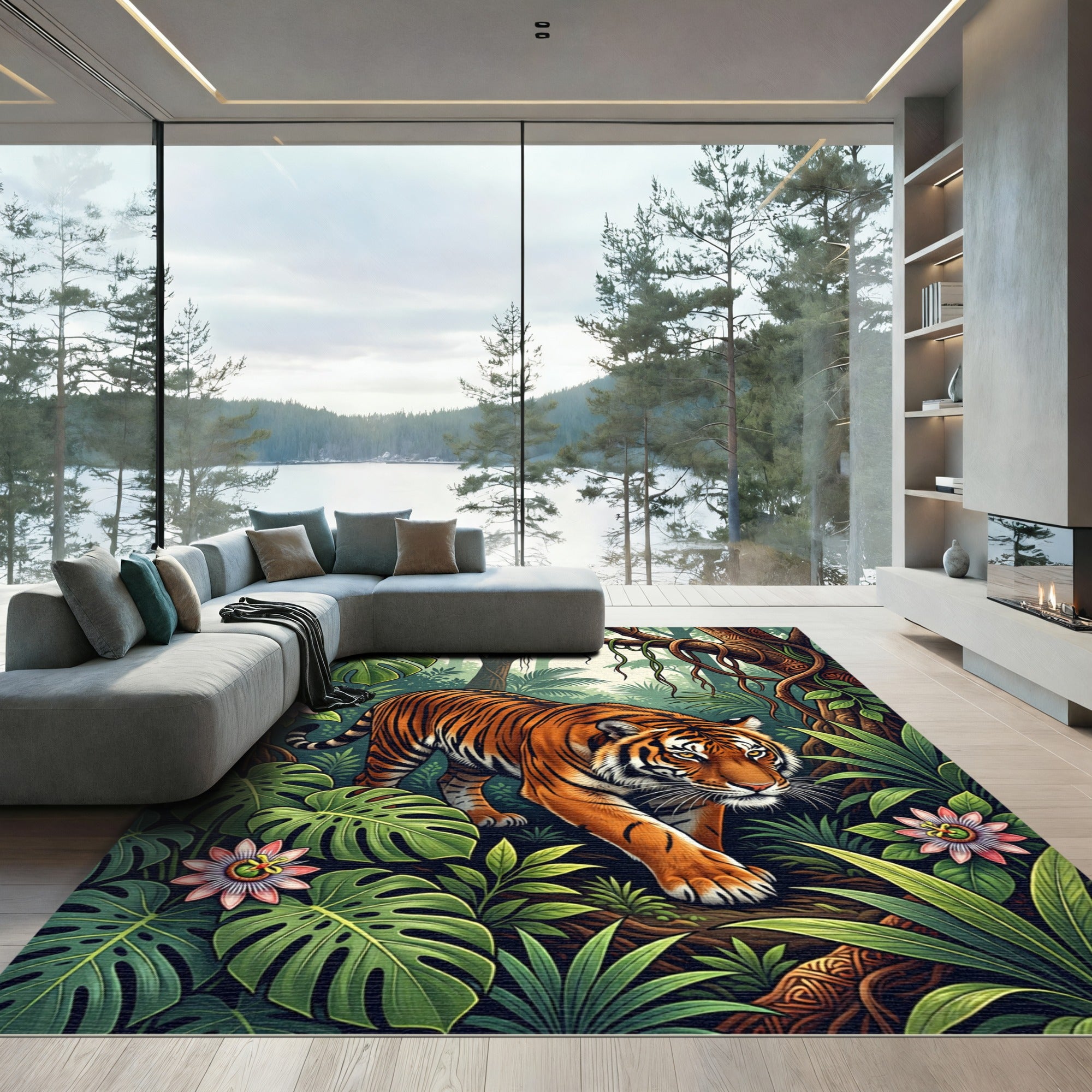 Vibrant Orange Tiger Lush Tropical Jungle Rug
