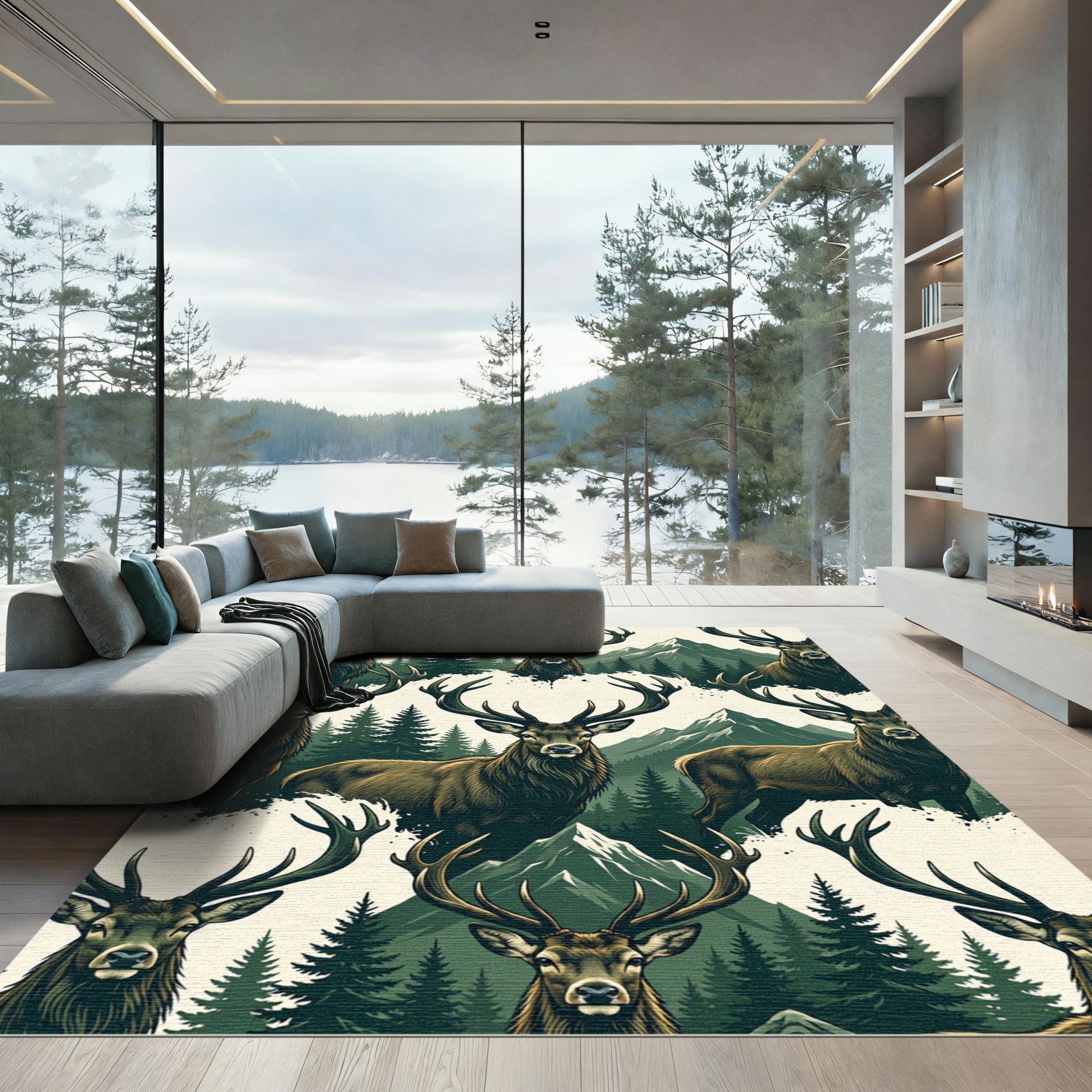 Majestic Stag Mountain Forest Scene Rug