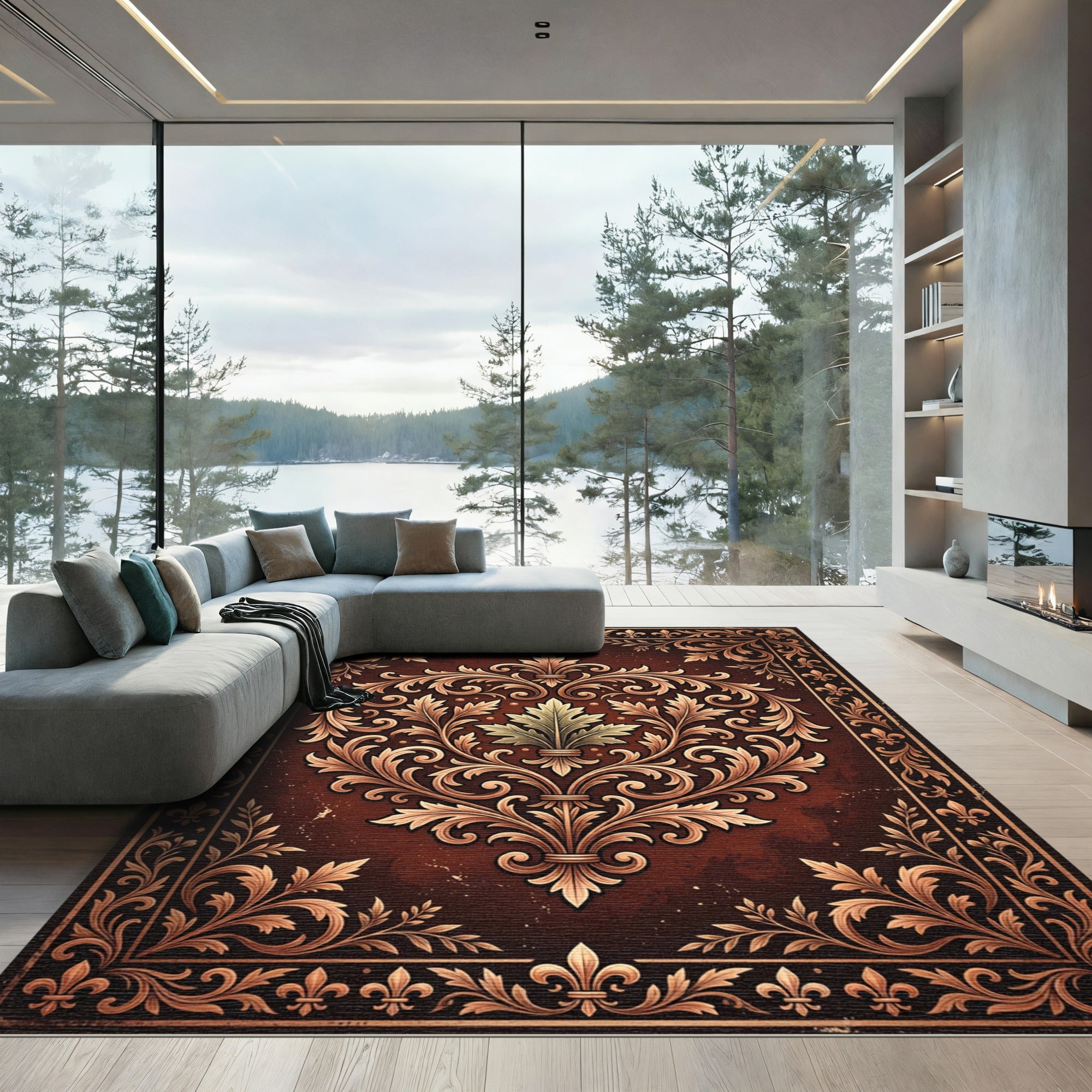 Ornate Damask Burgundy Gold Scroll Frame Rug