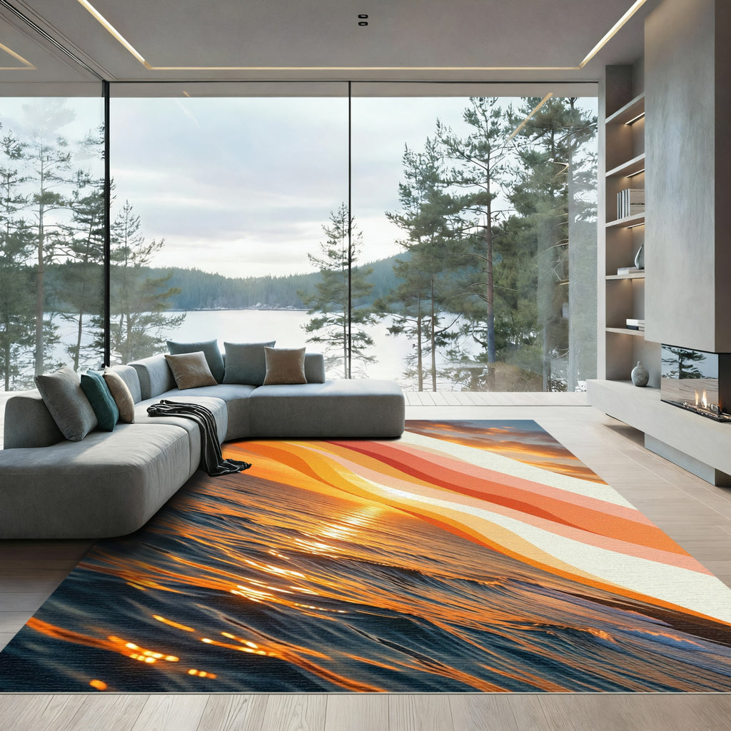 Golden Sunset Ocean Wave Abstract Rug