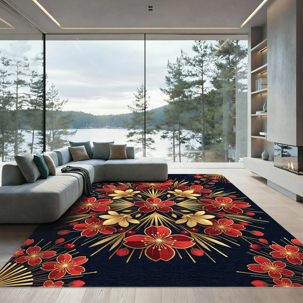 Red Floral Gold Leaf Mandala Rug