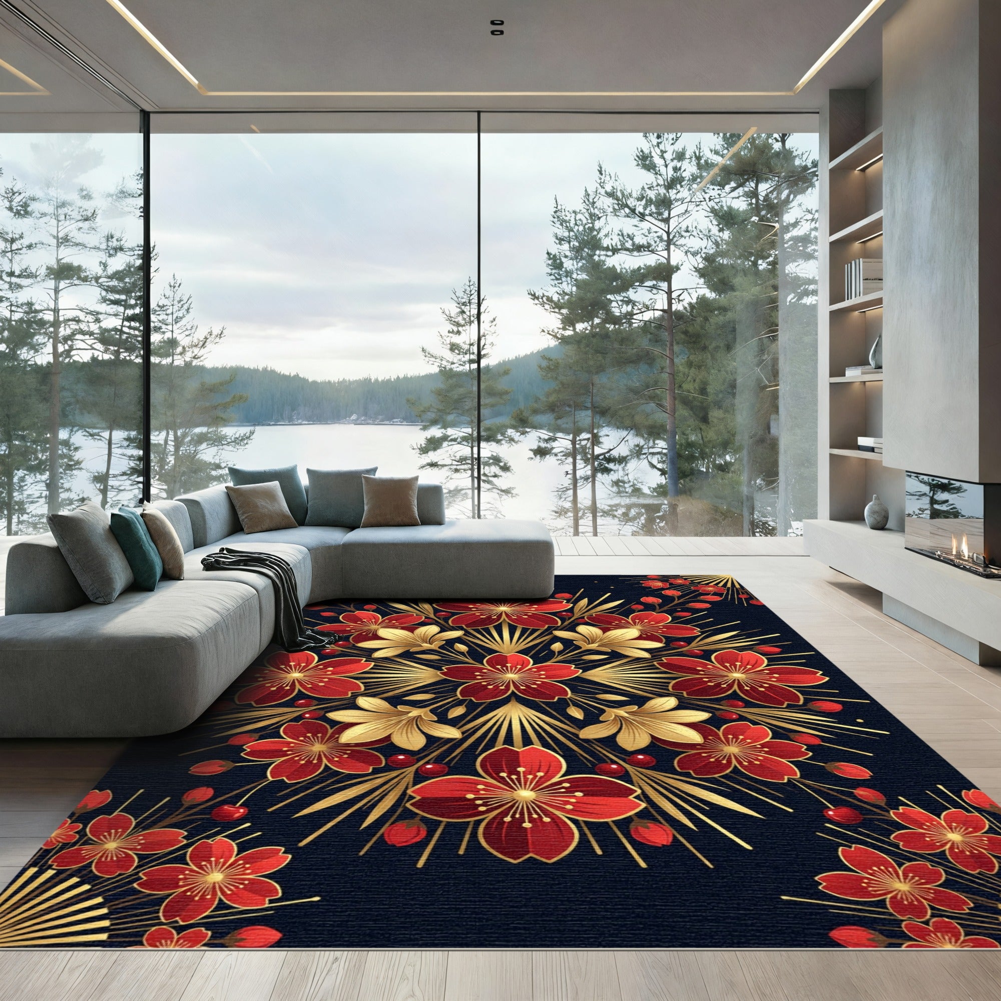 Red Floral Gold Leaf Mandala Rug