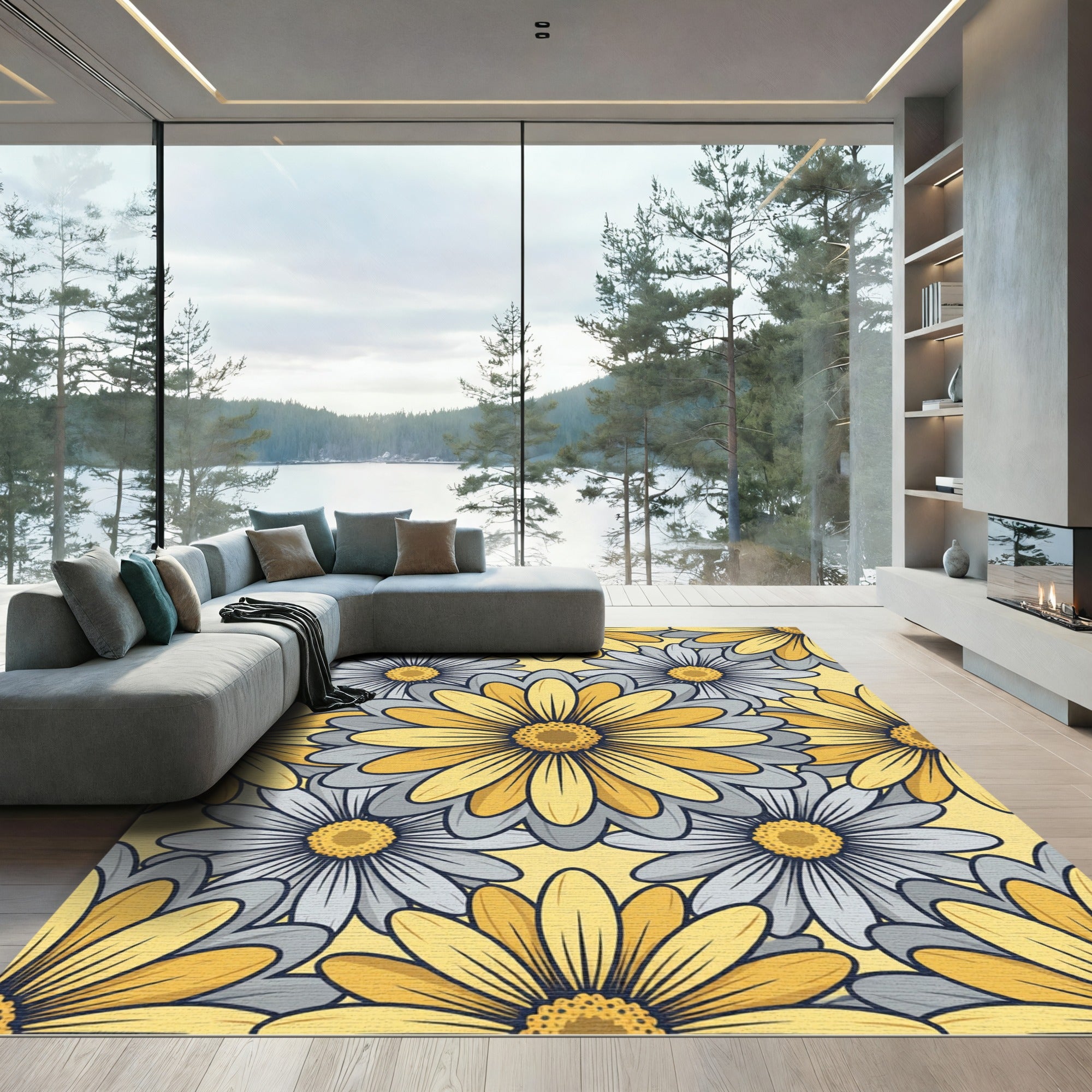 Sunny Yellow Gray Daisy Floral Rug