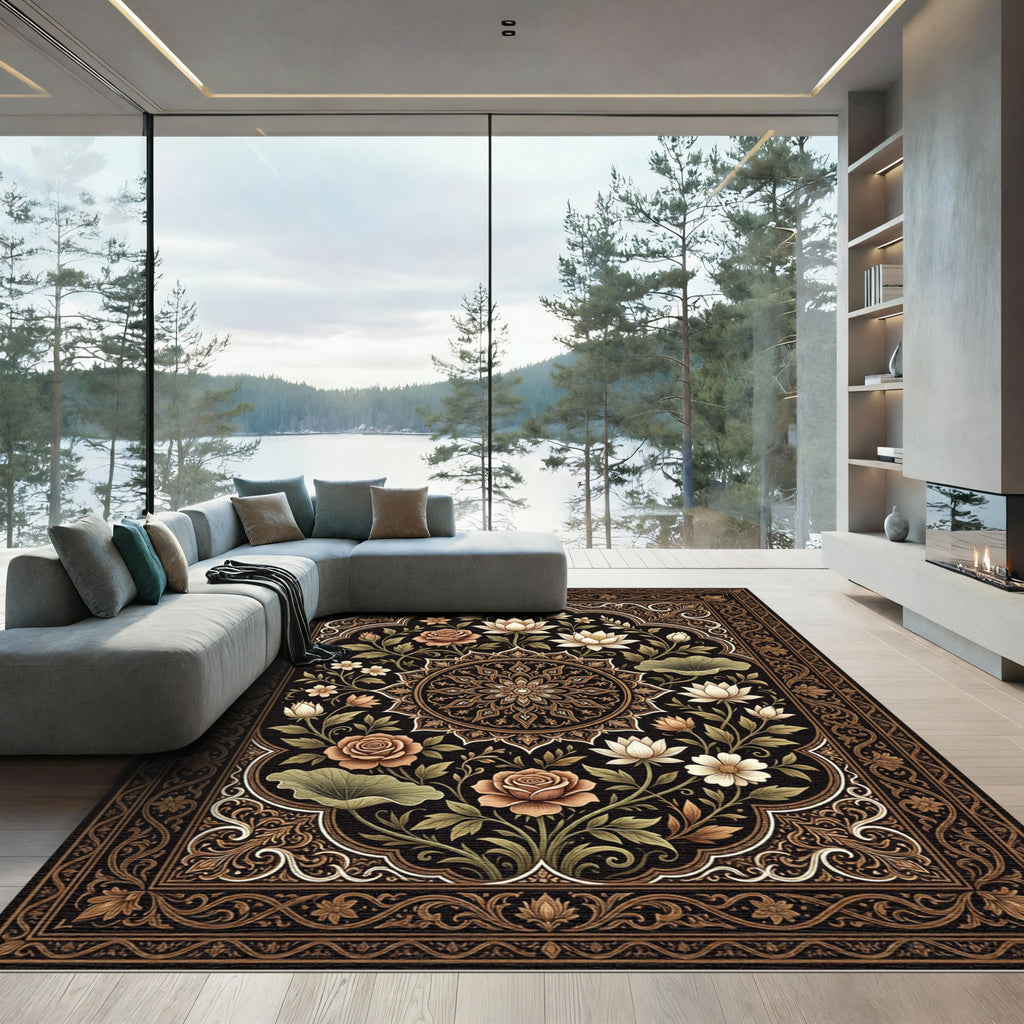 Earthy Floral Lotus Medallion Dark Area Rug