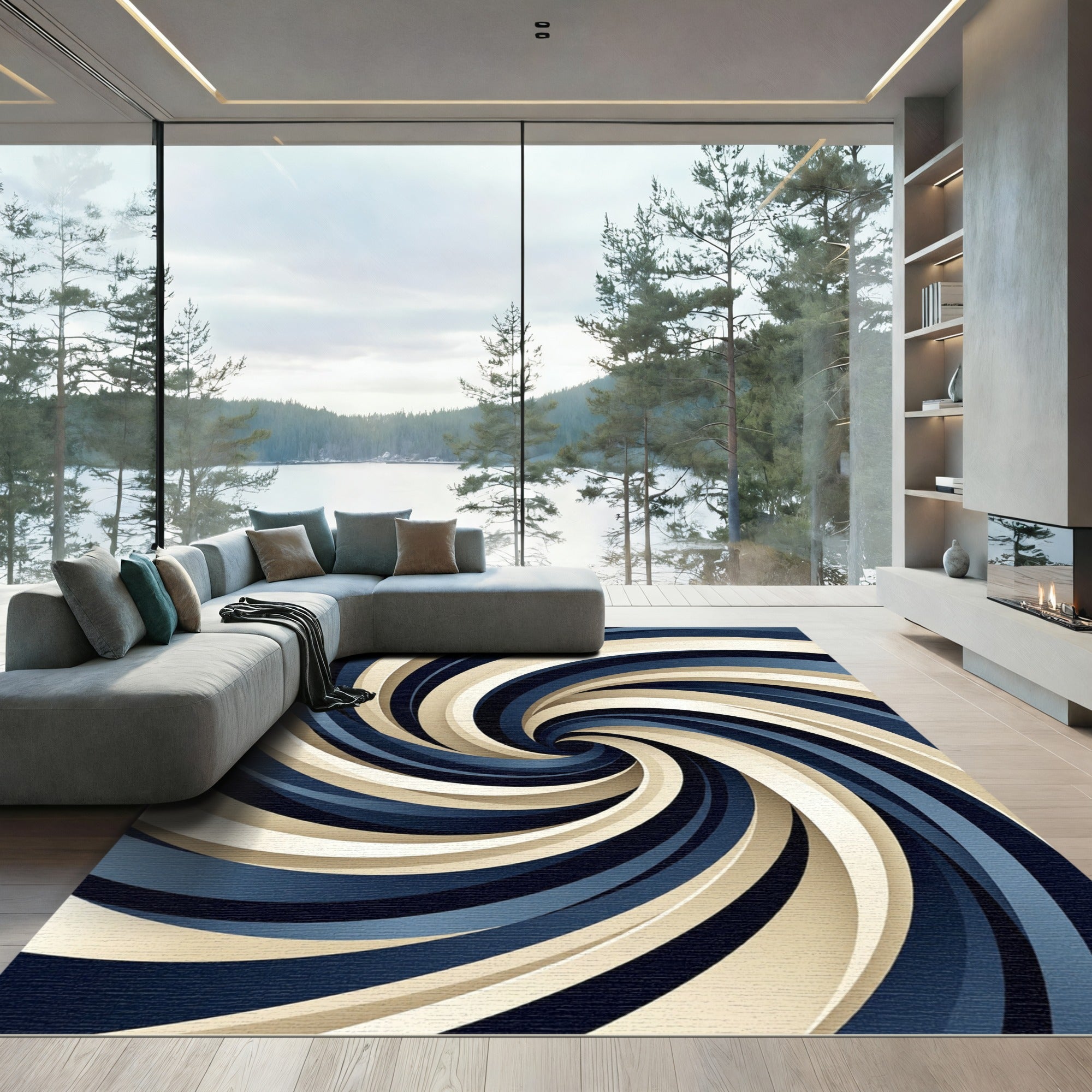 Modern Navy and Cream Spiral Vortex Rug