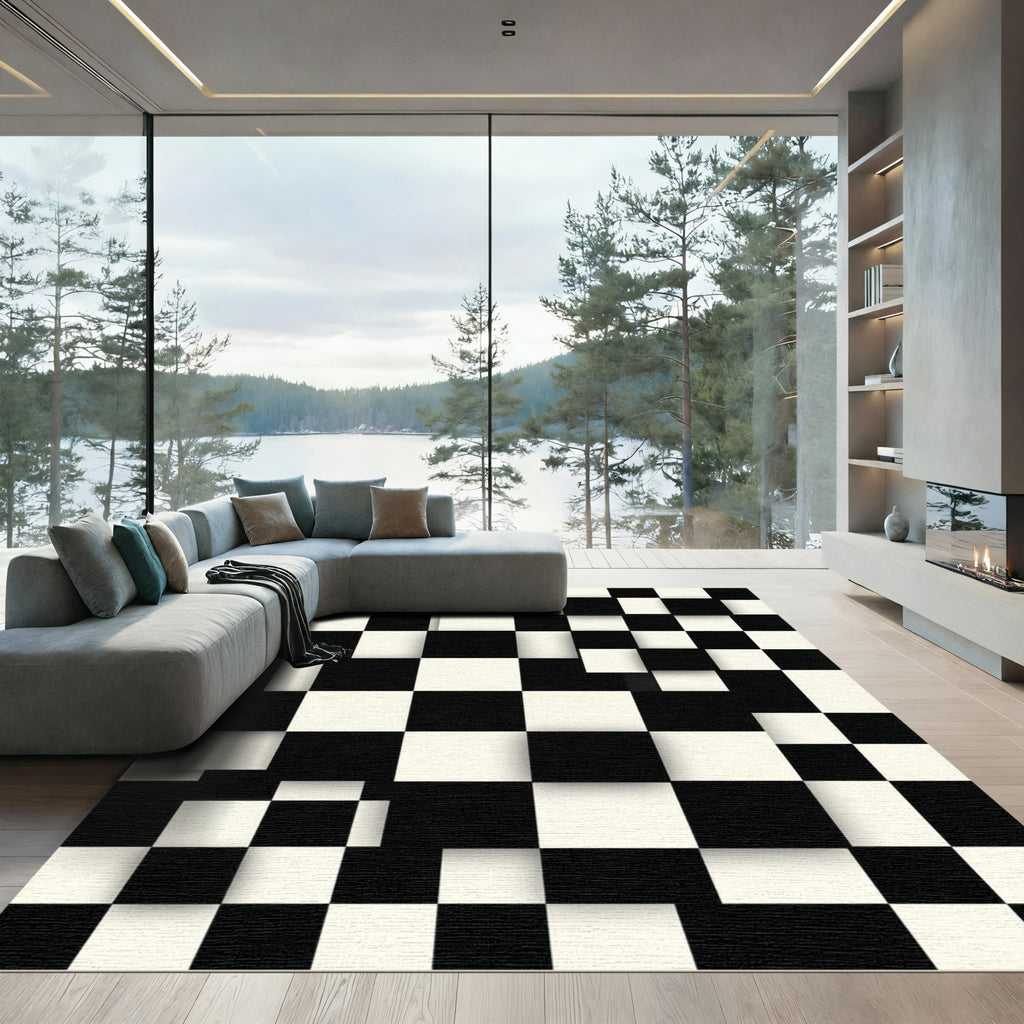 Bold Black White 3D Checkered Squares Rug