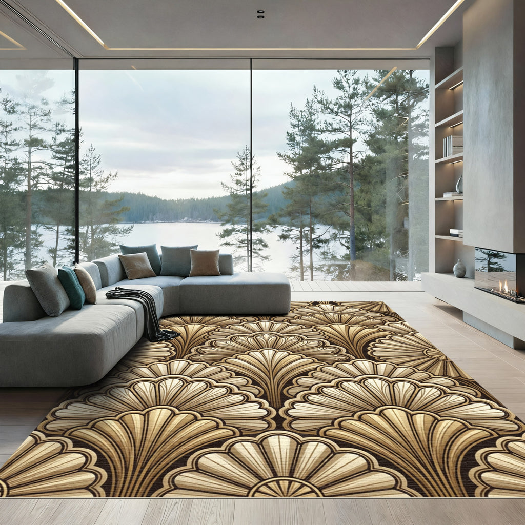Golden Art Deco Fan Arrangement Rug