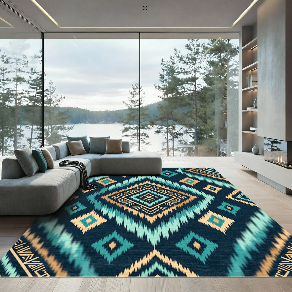 Teal and Gold Ikat Geometric Diamond Rug