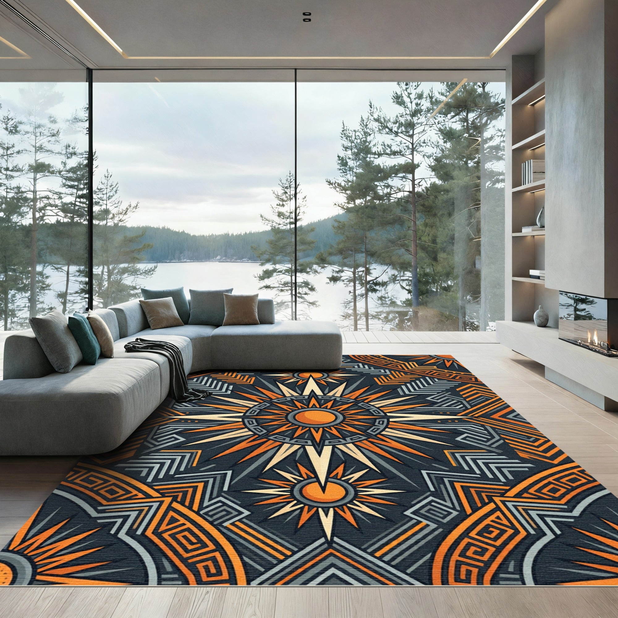 Geometric Golden Sun Celestial Art Rug