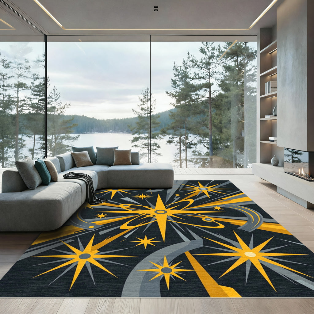 Midcentury Atomic Starburst Gold Celestial Area Rug