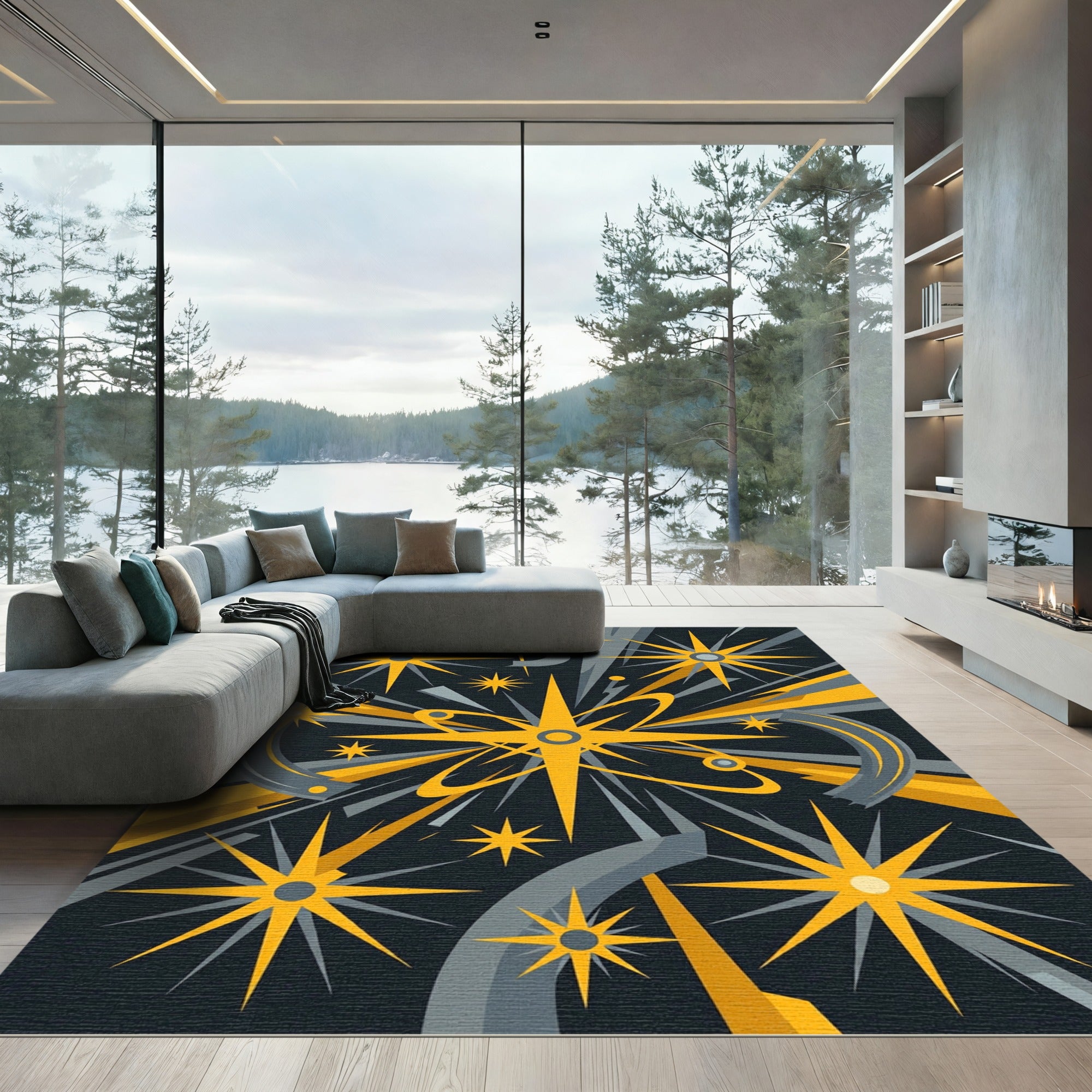 Midcentury Atomic Starburst Gold Celestial Area Rug