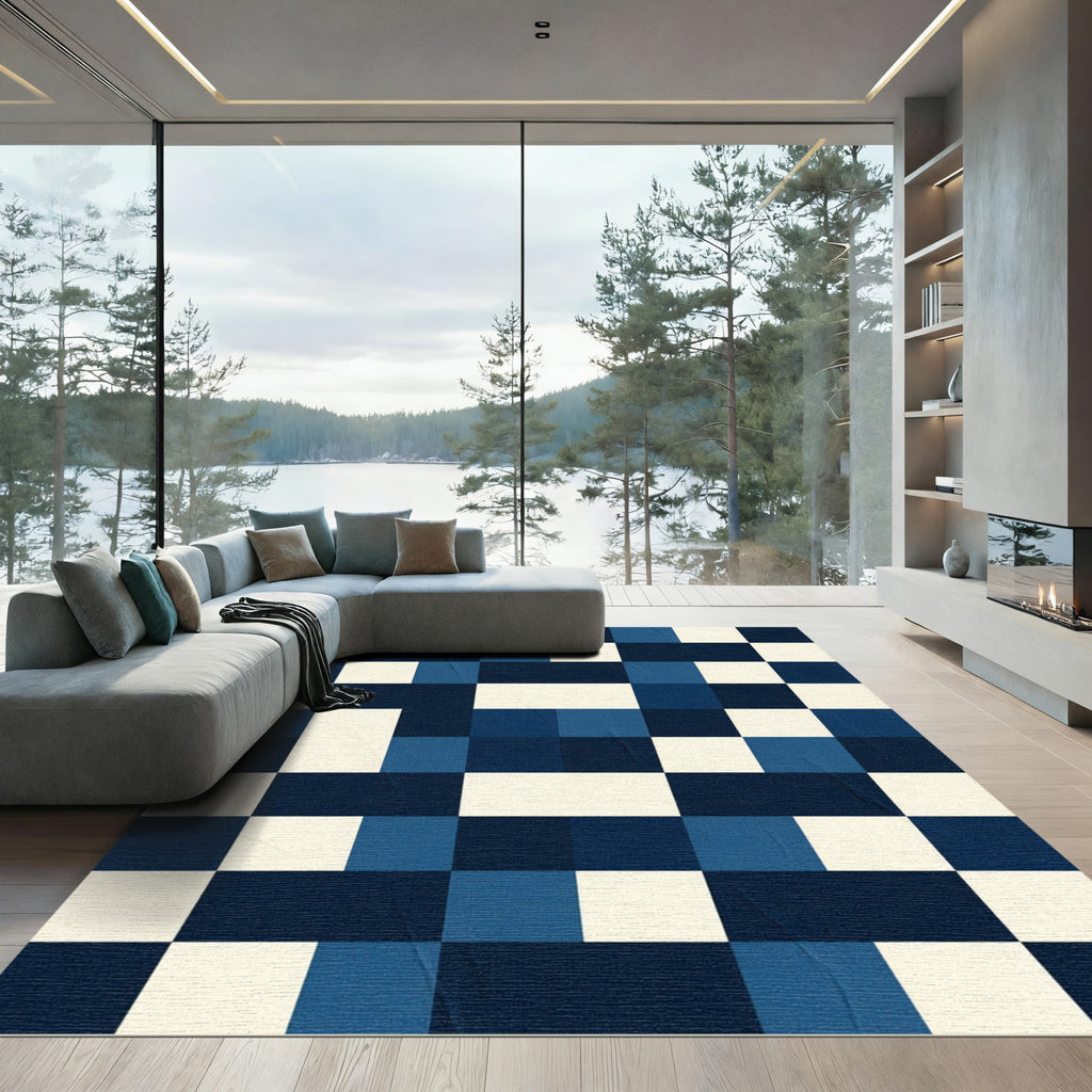 Modern Navy Blue Pixel Grid Square Rug