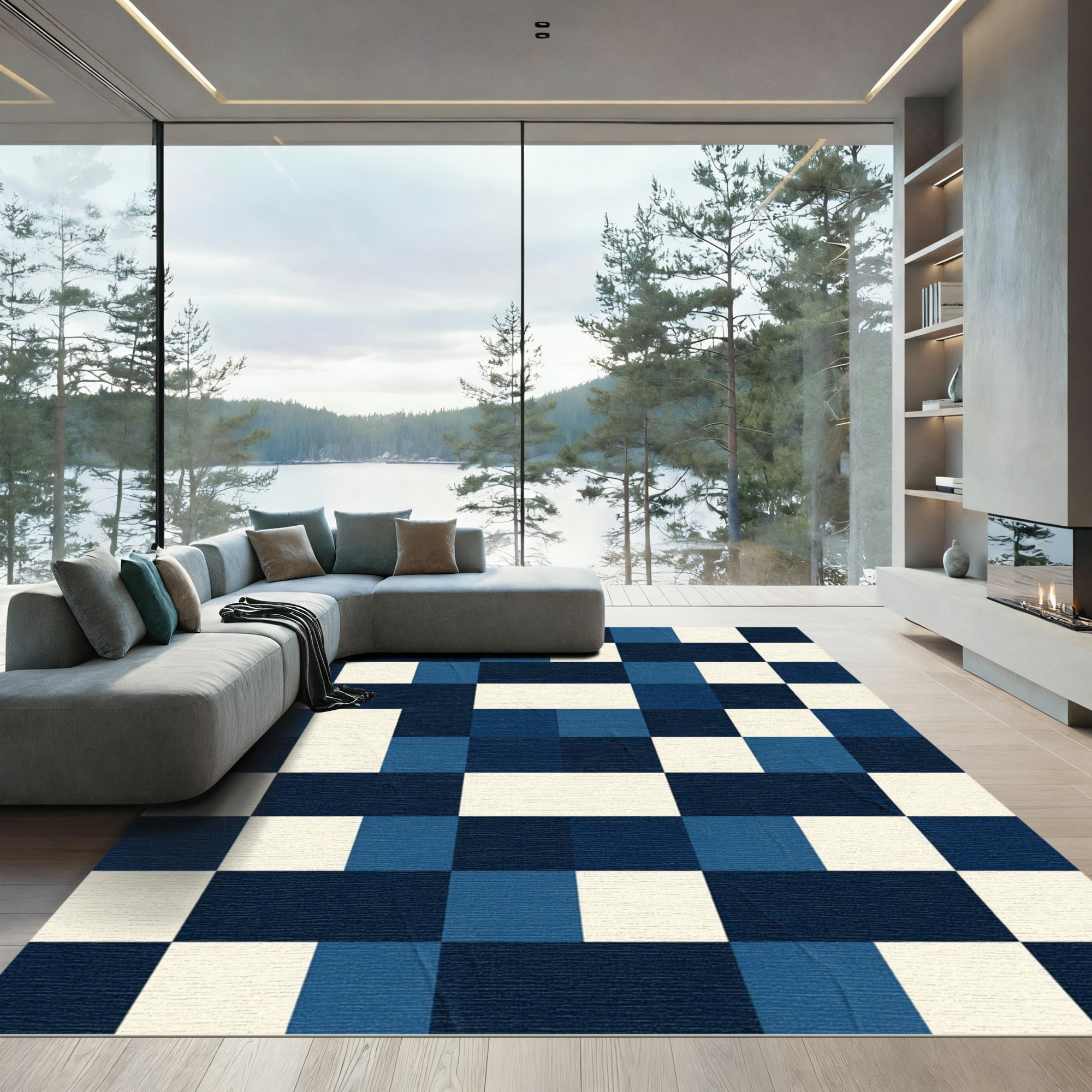Modern Navy Blue Pixel Grid Square Rug