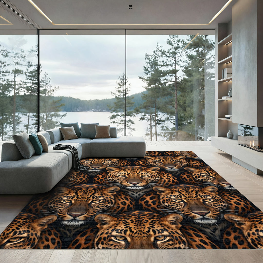 Bold Leopard Face Repeating Pattern Rug