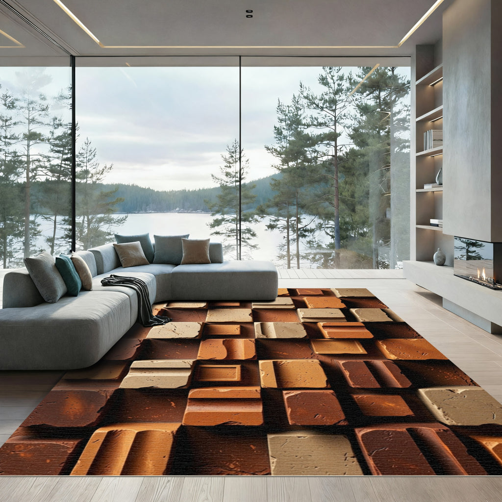 Textured Earthy Block Geometric 3D Art Rug