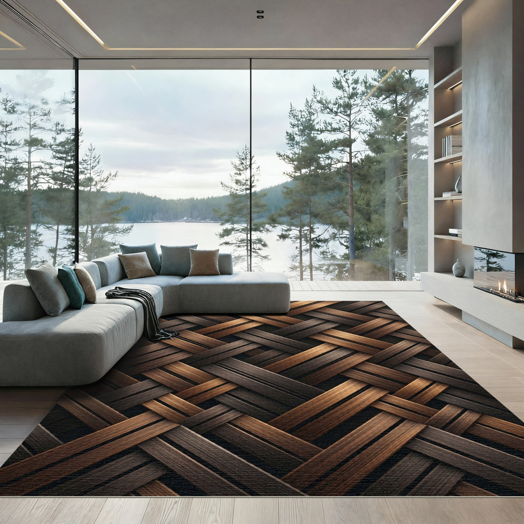 Woven Bronze Interlocked Geometric Texture Rug