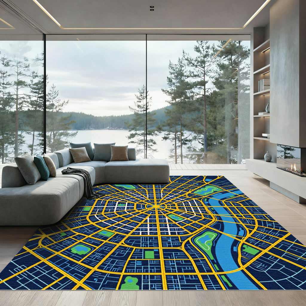 Modern Midnight Blue Urban Grid Map Rug