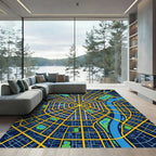 Modern Midnight Blue Urban Grid Map Rug